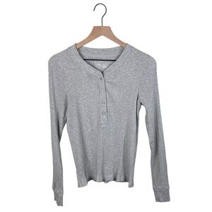 Aerie Women's Long Sleeve Thermal Henley Shirt Ribbed Knit Tee Grey Size XL